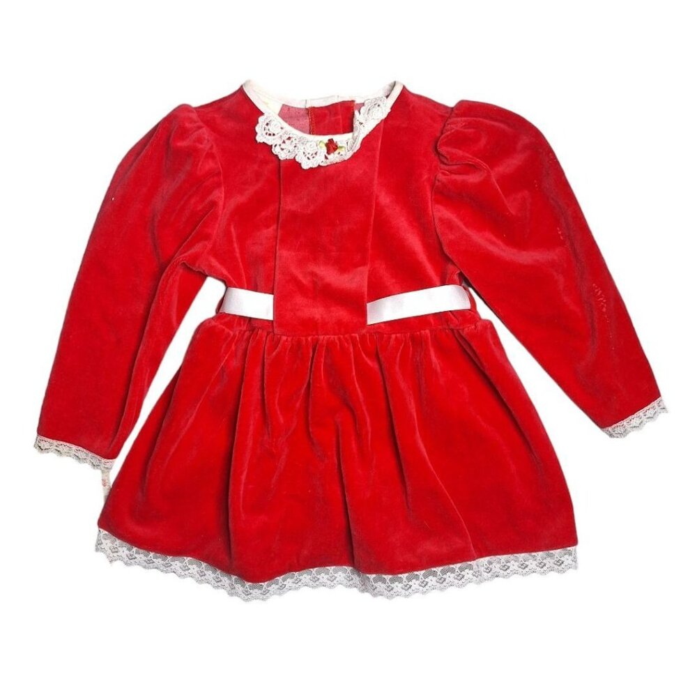 Evy ofโ California Red Velvet Dress White Collar Ribbon Belt Girls 4T Vintage